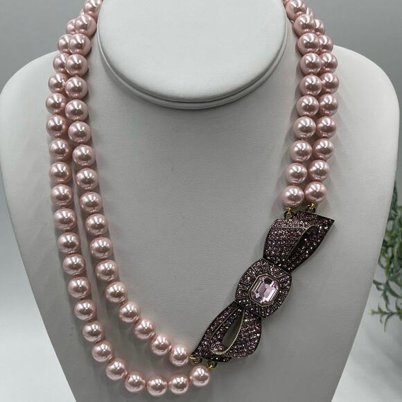 Heidi Daus "Beaux Arts" Pink Pave Crystal Bow Pearl Beaded Two Strand Necklace - Picture 1 of 15
